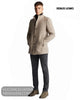 Full length studio model shot wearing Remus Uomo taupe Jonah coat with roll neck jumper and grey jeans