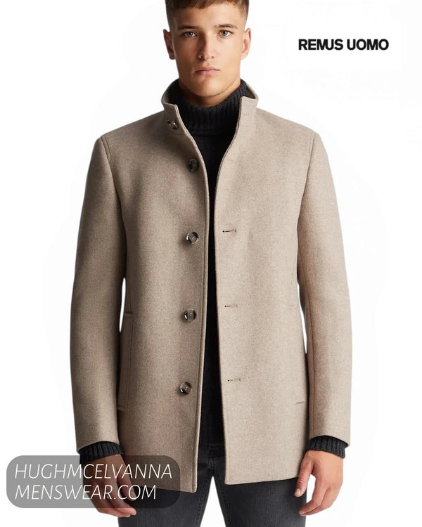 Front studio model view wearing Remus Uomo taupe Jonah coat fastened with stand collar