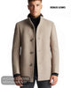 Front studio model view wearing Remus Uomo taupe Jonah coat fastened with stand collar
