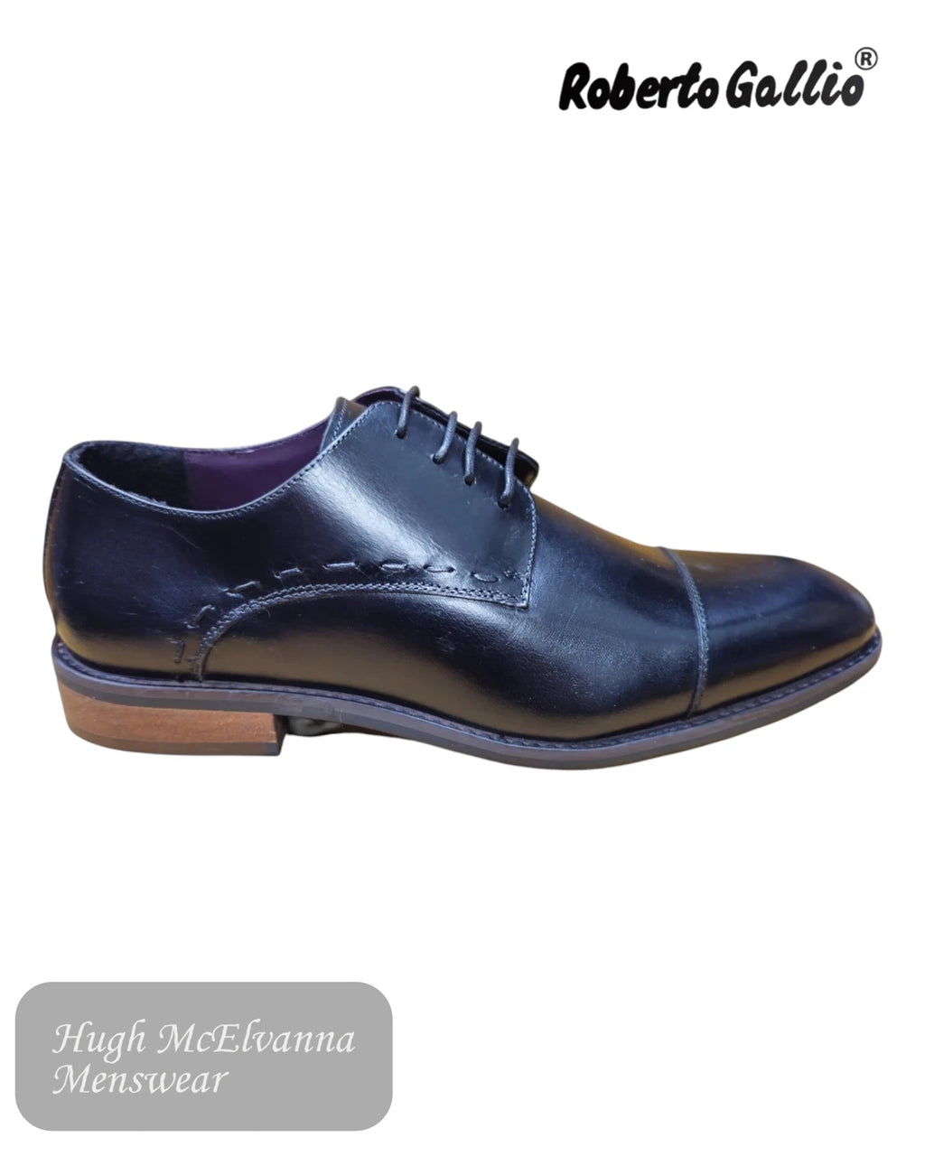Black dress laced shoes with 'Roberto Gallio' branding on a white background