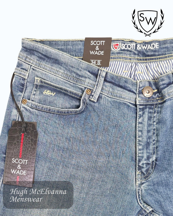 close up of the bootcut jeans detailed finish on the Scott & Wade Lagonda stonewash jeans