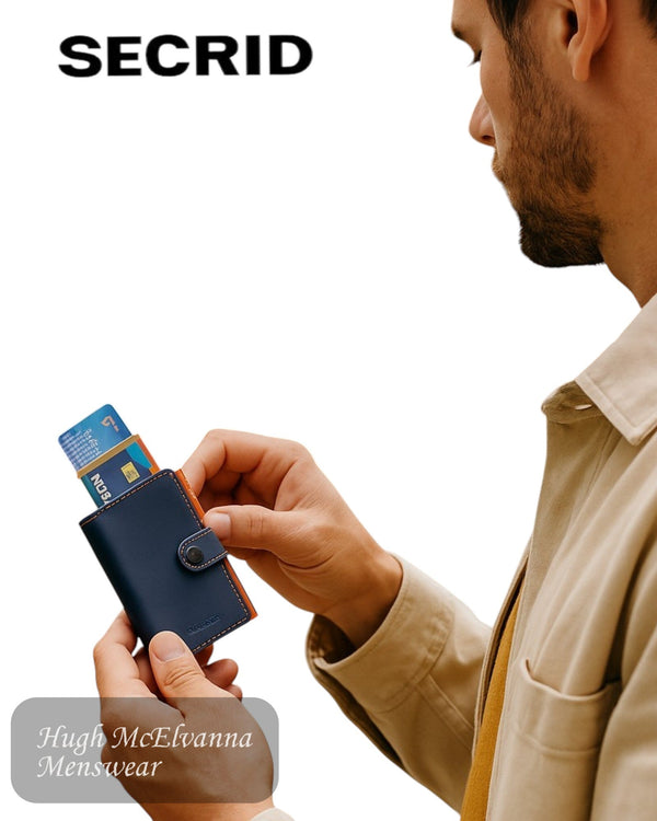 Secrid Miniwallet – Matte Nightblue & Orange Leather Unisex RFID Wallet - Hugh McElvanna Menswear
