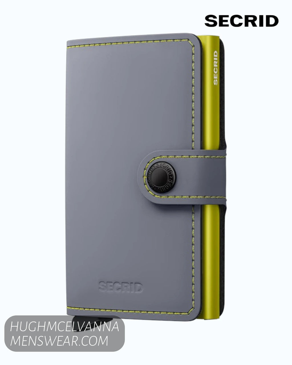 Secrid Miniwallet MM Matte Grey & Lime compact matte grey leather wallet featuring a lime green interior and a stud closure.
