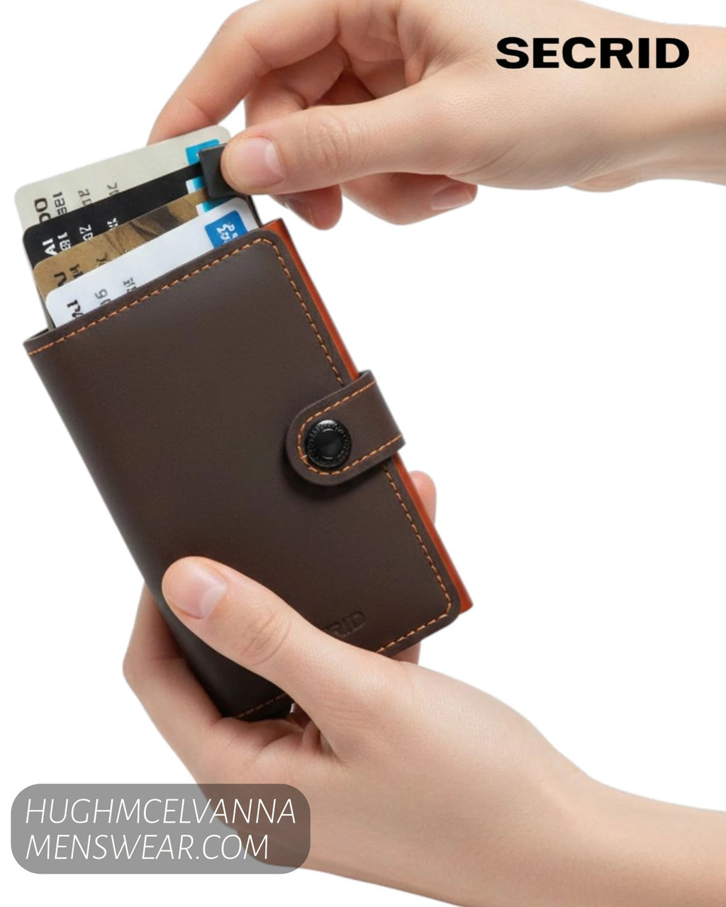 Luxury unisex soft-touch premium truffle leather pocket card holder with orange accents available at Hugh McElvanna Menswear.