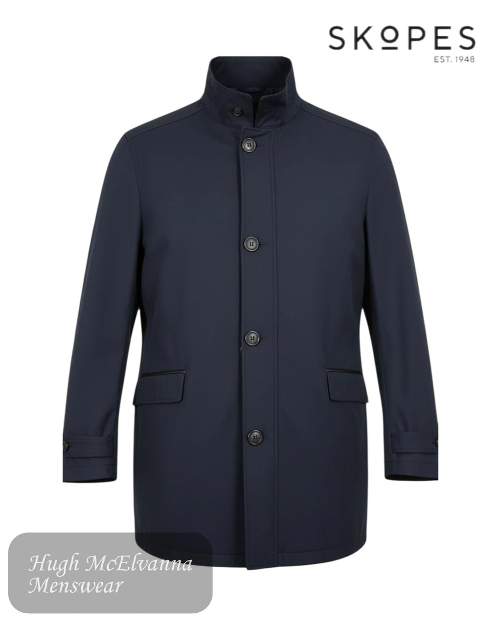 Skopes MITCHAM Navy rain mac coat against a white background with the skopes logo