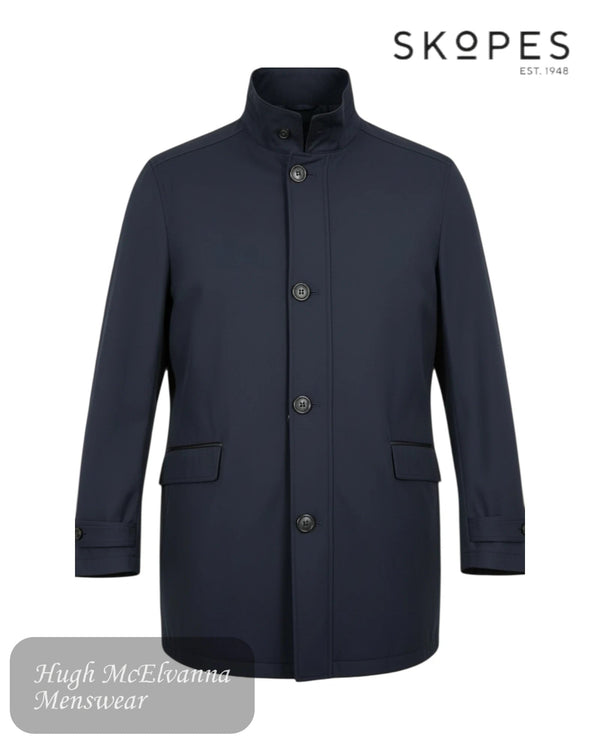 Skopes MITCHAM Navy rain mac coat against a white background with the skopes logo