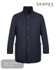Skopes MITCHAM Navy rain mac coat against a white background with the skopes logo