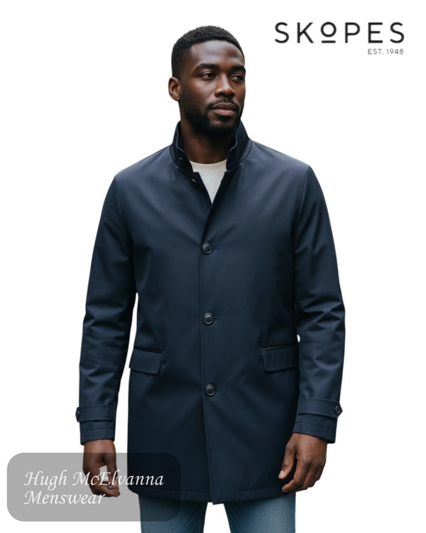 Skopes MITCHAM Navy rain mac coat worn by a model