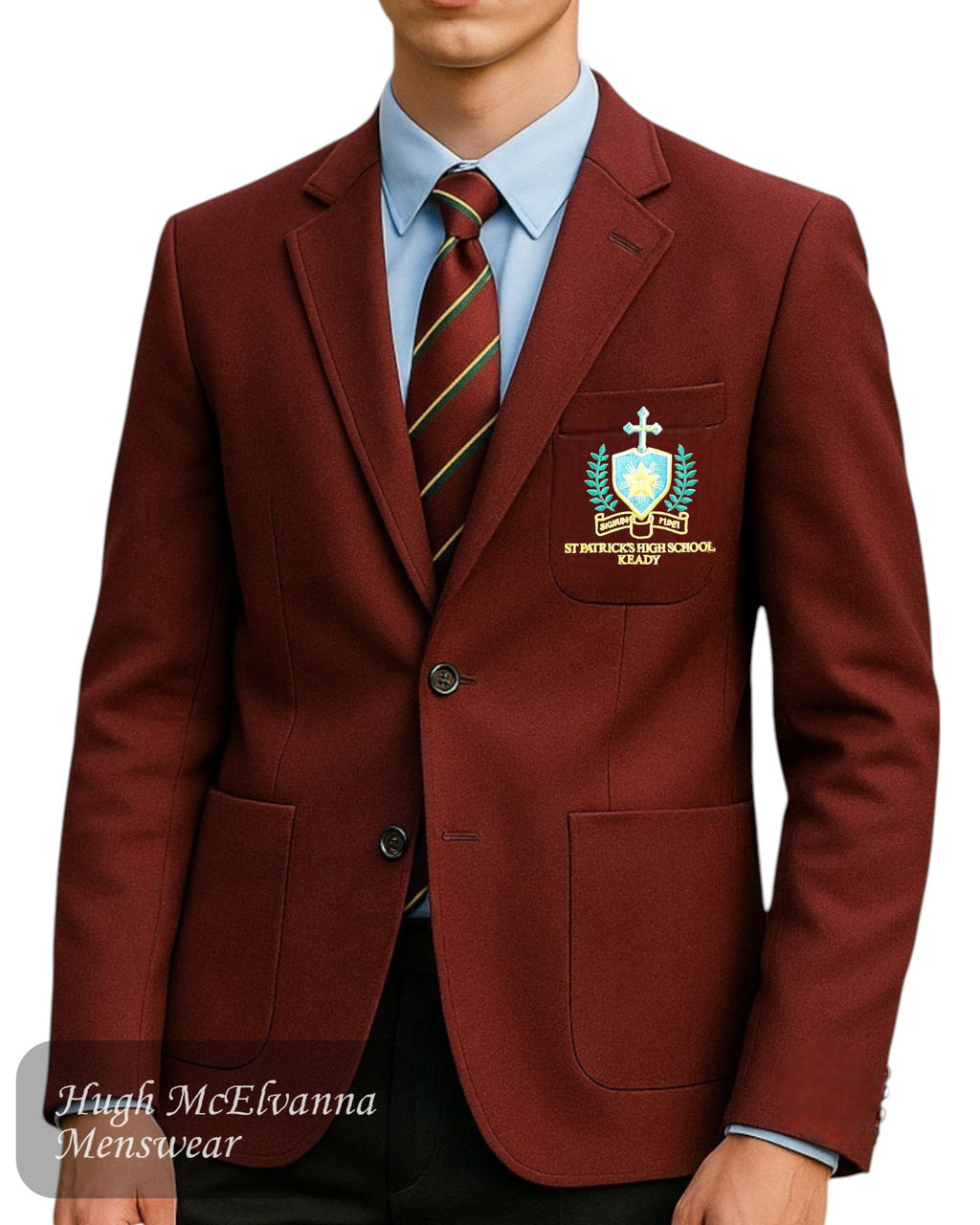 1880 Club Blazer worn with the striped tie for St. Patrick's High School Keady available at Hugh McElvanna Menswear Keady
