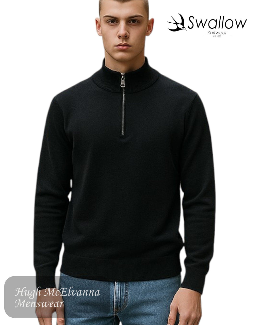 Swallow Black Quarter Zip Sweater - Hugh McElvanna Menswear