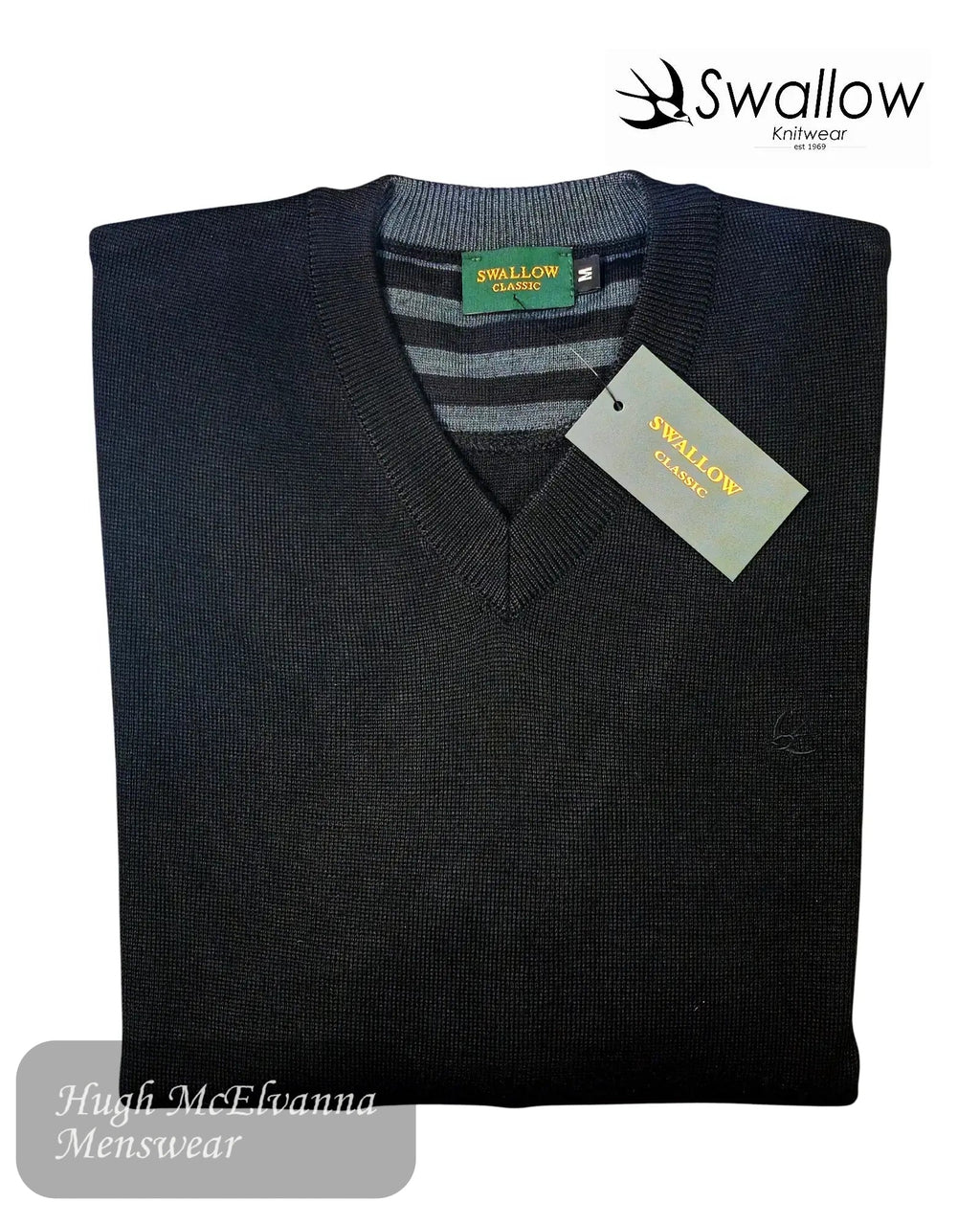 Swallow Knitwear Black V-Neck Folded Pullover - Hugh McElvanna Menswear