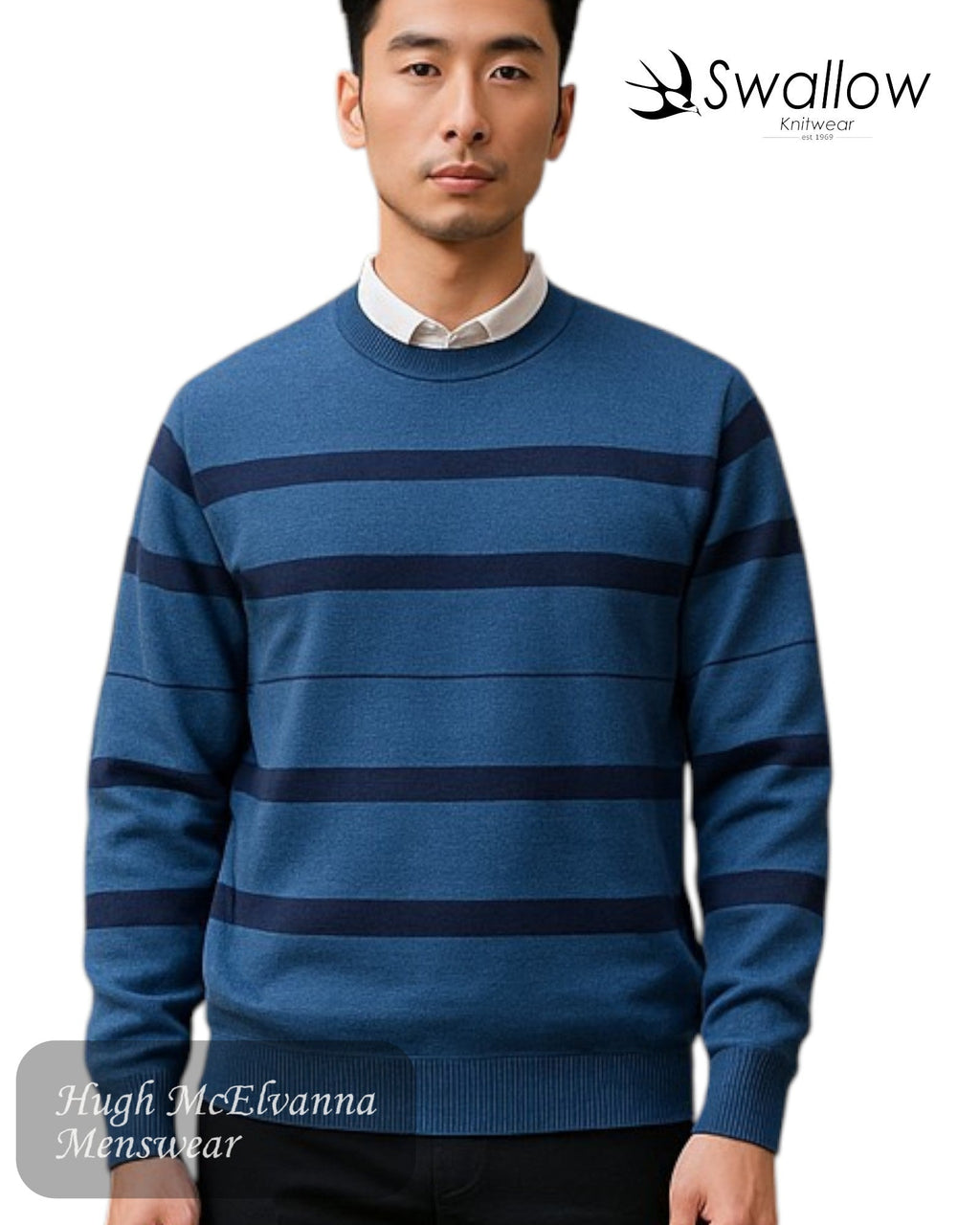 Swallow Blue Wrap Around Stripe Crew Neck Sweater - Hugh McElvanna Menswear