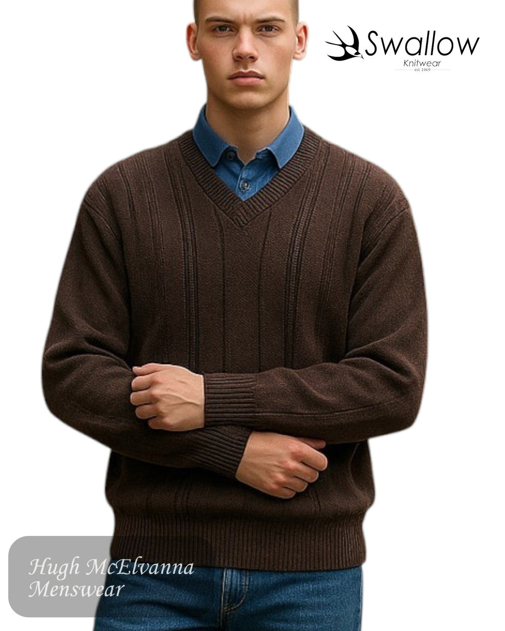Swallow Brown Design Front V - Neck Sweater - Hugh McElvanna Menswear