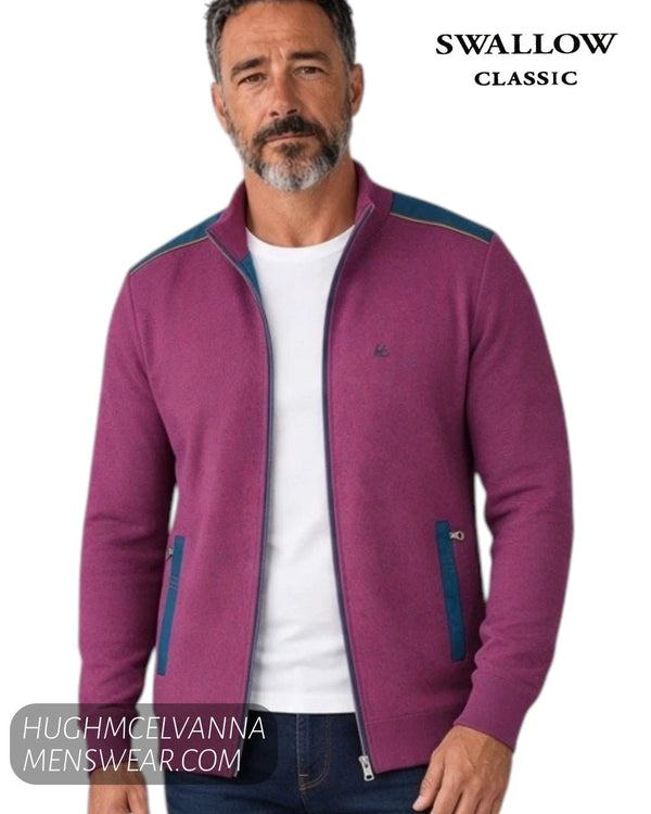 Close up front view of model wearing Swallow AW2600 full-zip knitted jacket over white crew tee