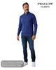 Full length model view wearing Swallow navy quarter-zip pullover with dark blue denim jeans and white trainers