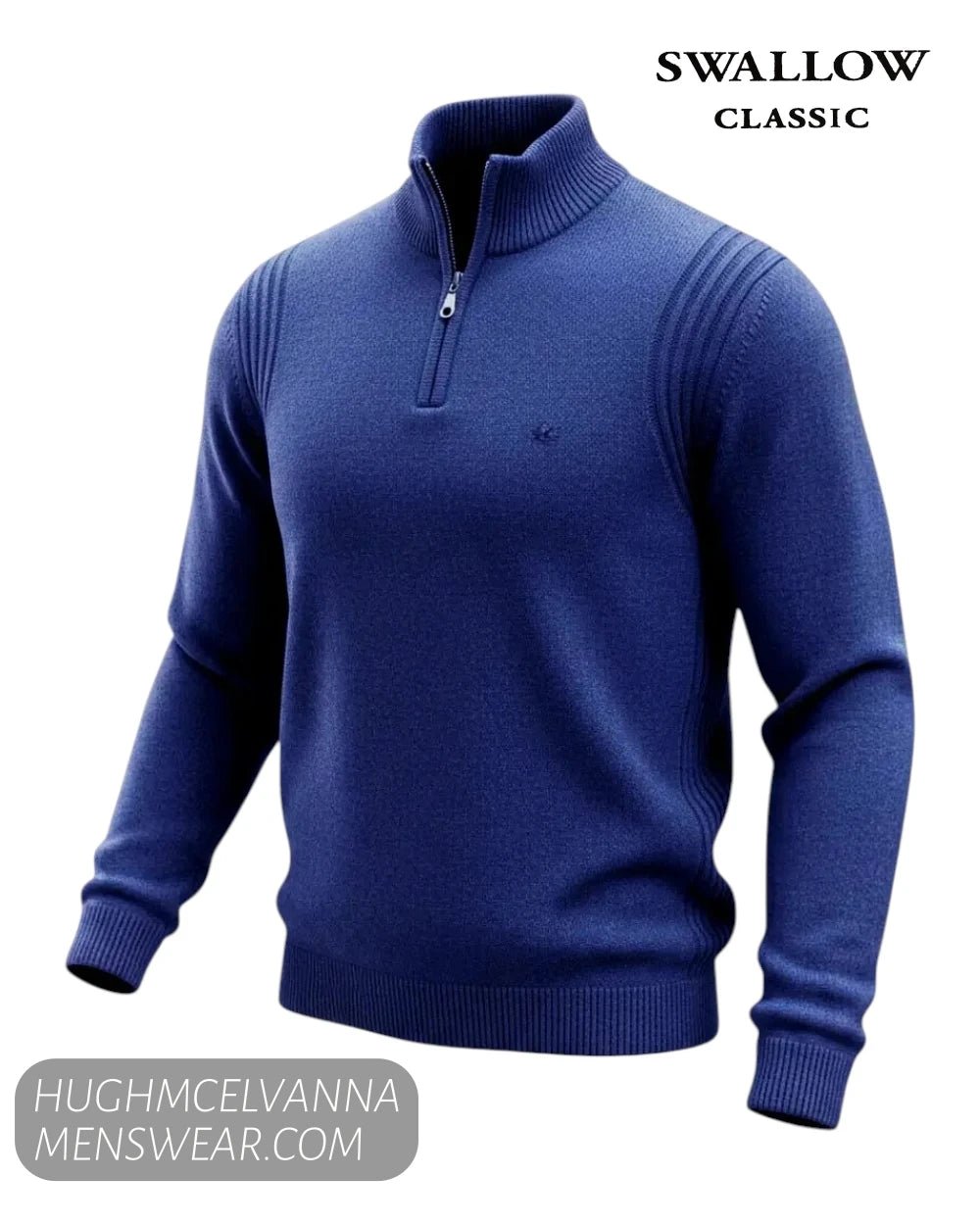 Studio ghost mannequin display of Swallow AW2606 navy knitted quarter-zip jumper with high stand collar and metal zip pullover   