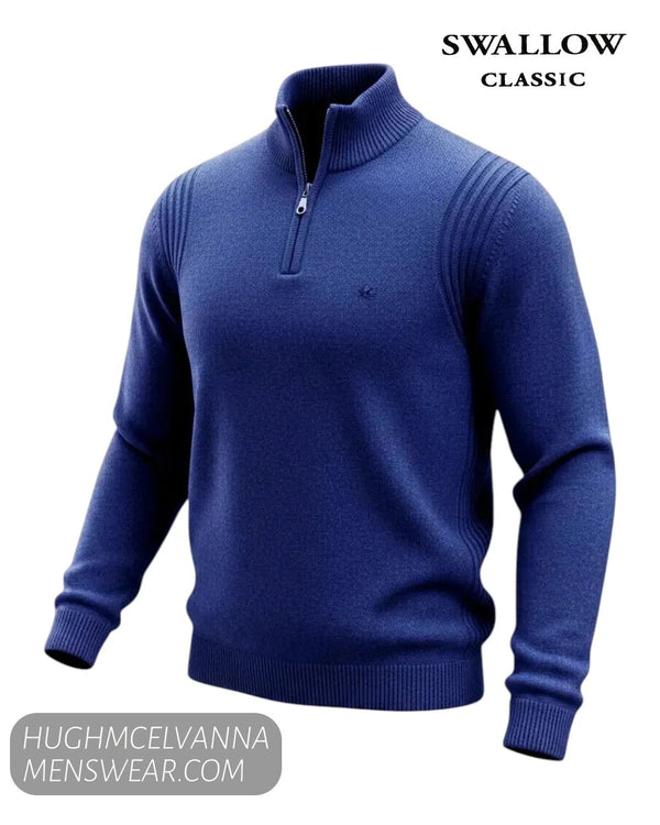 Studio ghost mannequin display of Swallow AW2606 navy knitted quarter-zip jumper with high stand collar and metal zip pullover   