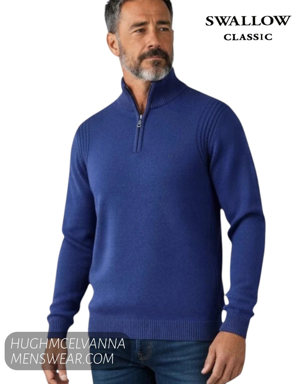 Close up front view of model wearing Swallow AW2606 navy wool blend quarter-zip jumper showing ribbed shoulder panels
