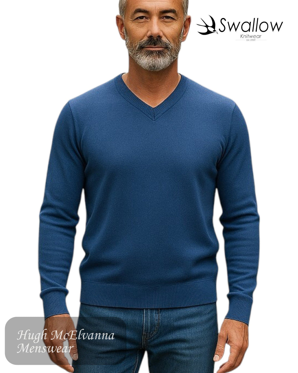 Swallow King Size V - Neck Sweater in Dark Blue - Hugh McElvanna Menswear