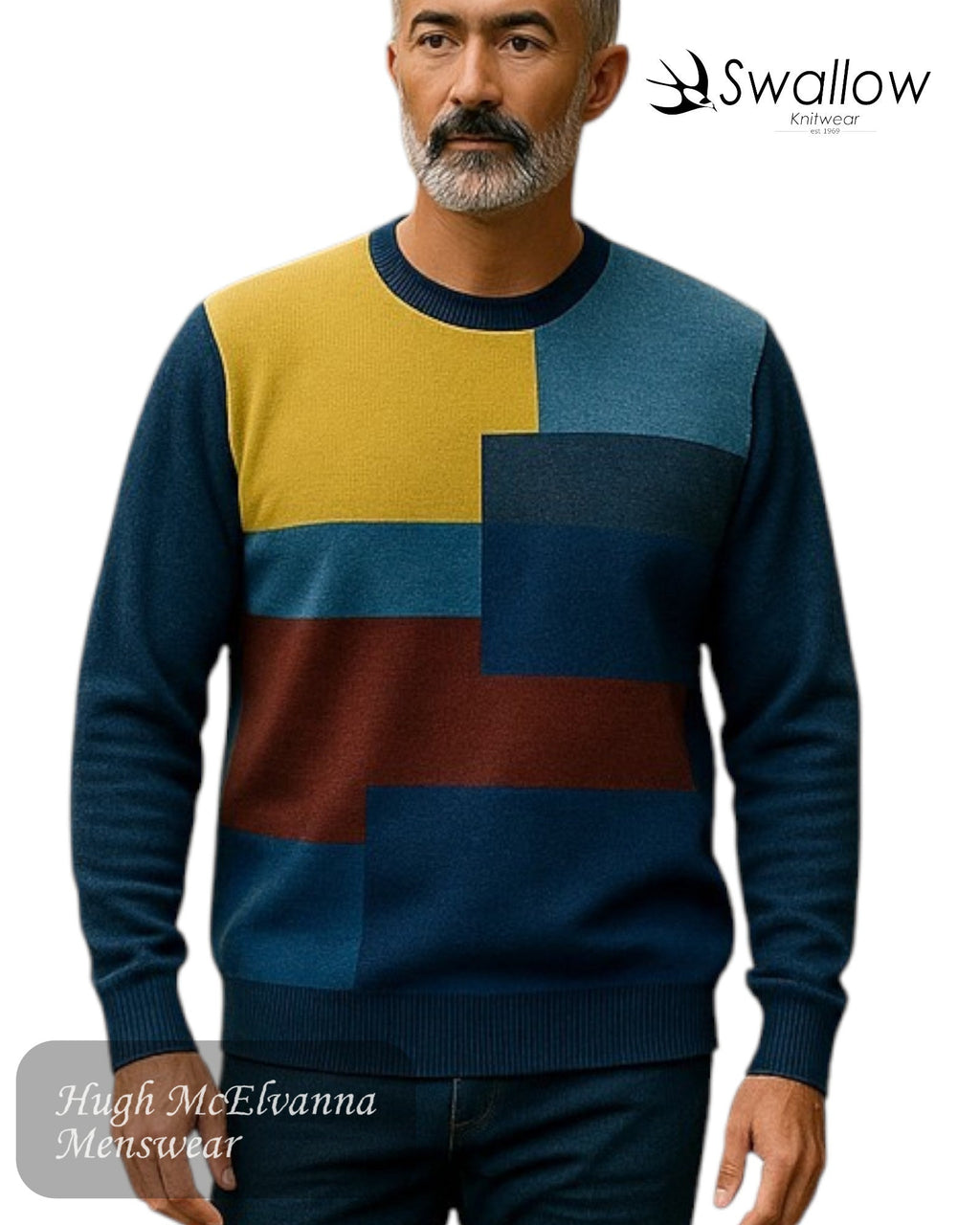 Swallow Navy Design Front Crew Neck - Hugh McElvanna Menswear
