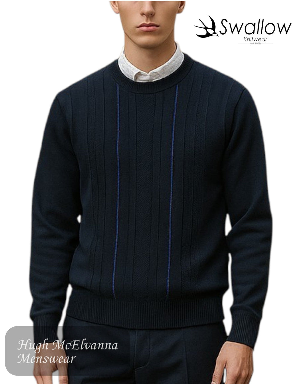 Swallow Navy Design Front Crew Neck Sweater - Hugh McElvanna Menswear