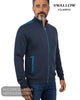 Close up front view of male model wearing Swallow Palco navy zip-up knit jacket showing contrast teal shoulder trim