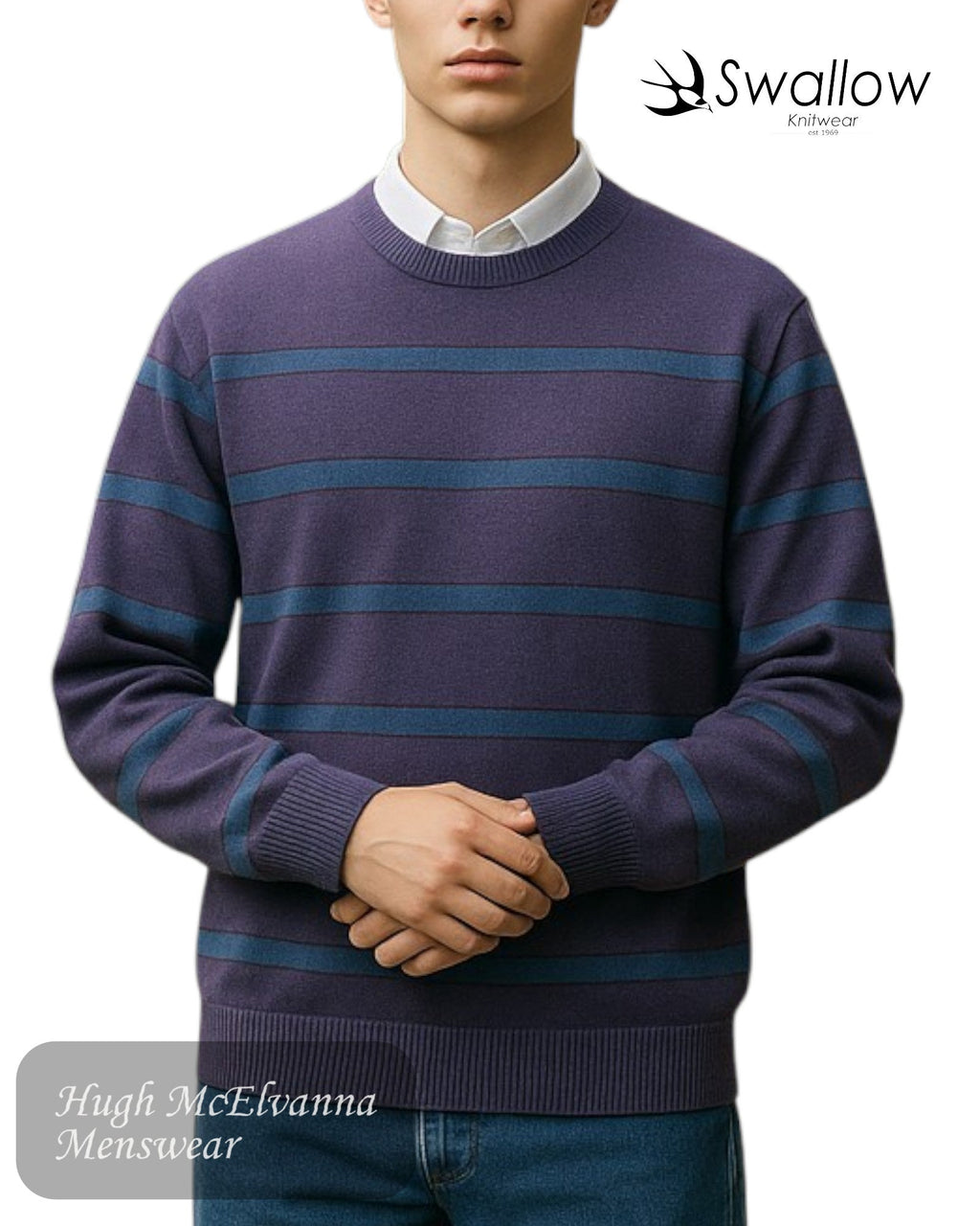 Swallow Purple Stripe Crew Neck Sweater - Hugh McElvanna Menswear