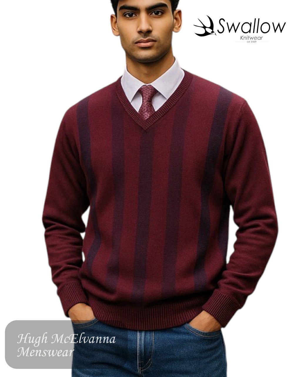 Swallow Wine V - Neck Sweater with Front Design - Hugh McElvanna Menswear