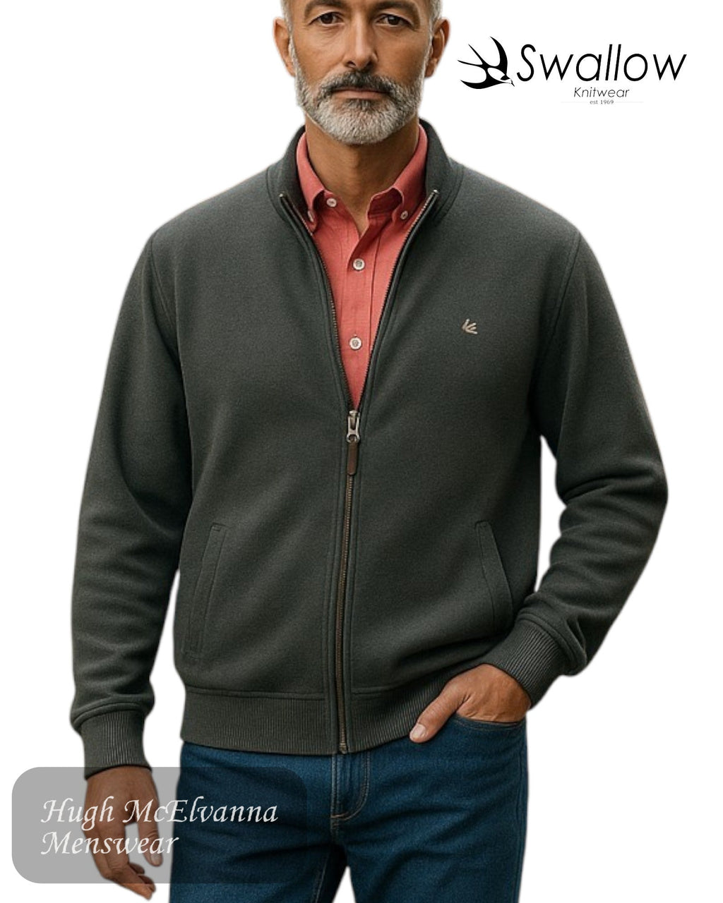 Swallow Zip Cardigan with Pocket Front - 50% Wool 50% Acrylic Men's Knitwear - Hugh McElvanna Menswear