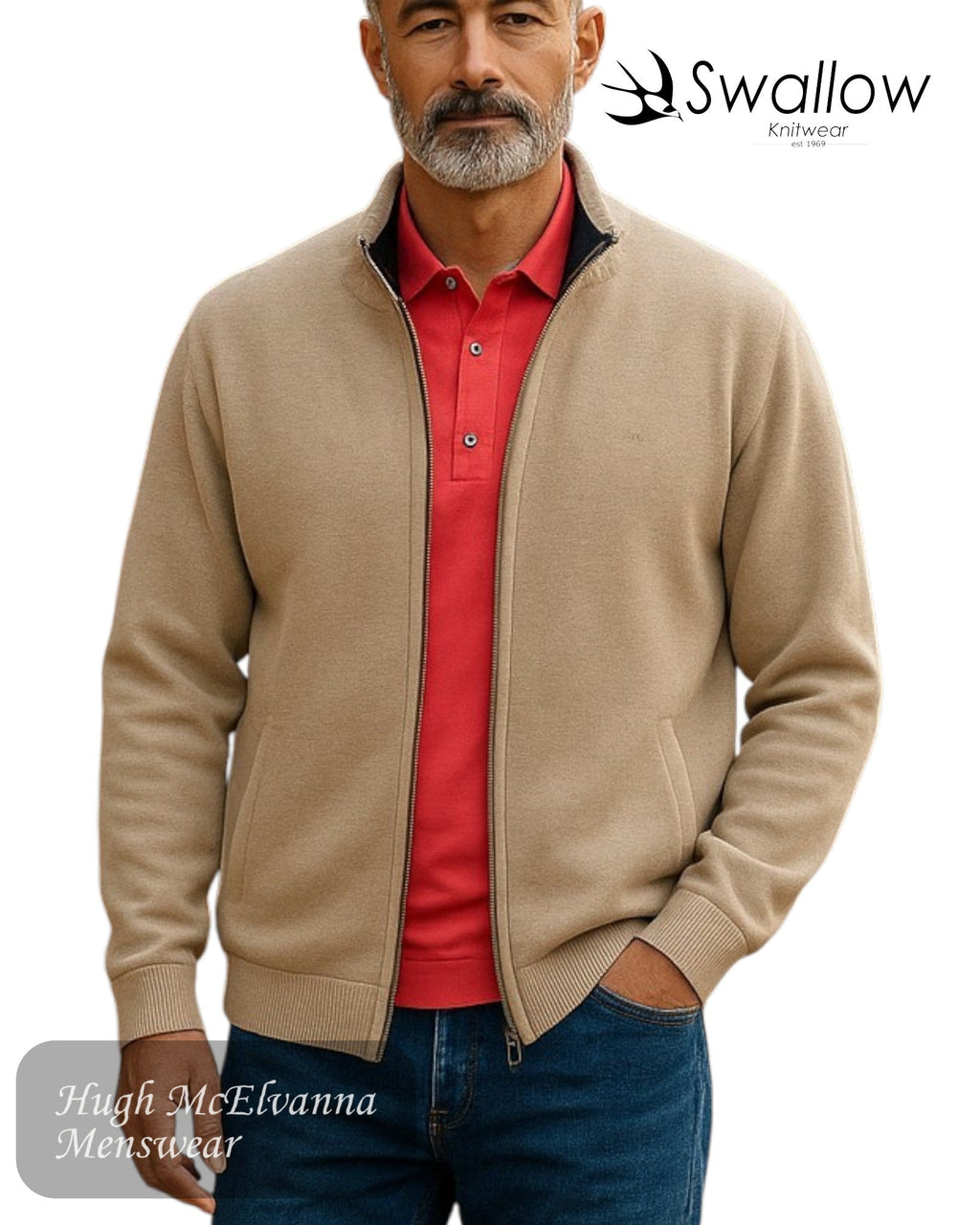 Swallow Zip Cardigan with Pocket Front - 50% Wool 50% Acrylic Men's Knitwear - Hugh McElvanna Menswear