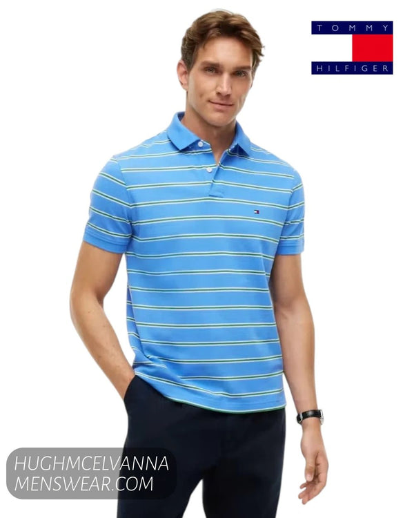 Tommy Hilfiger 1985 Regular Fit Polo Shirt Blue Spell/Alaskan Green/White MW0MW177700BH - Hugh McElvanna Menswear - Polo Shirt