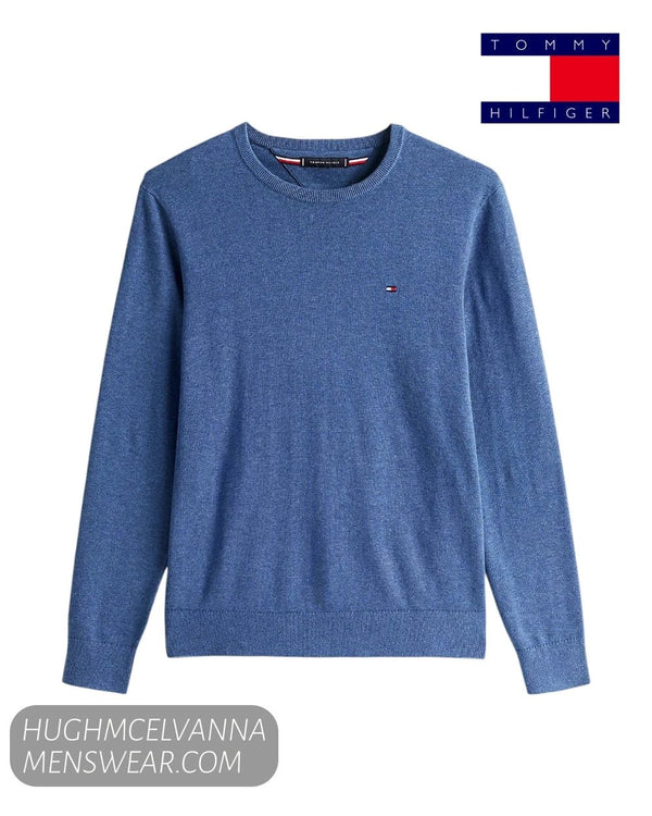 Studio flat lay display of Tommy Hilfiger MW0MW39999 DVI Aegean Sea blue crew neck pullover with chest flag