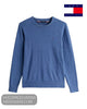 Studio flat lay display of Tommy Hilfiger MW0MW39999 DVI Aegean Sea blue crew neck pullover with chest flag