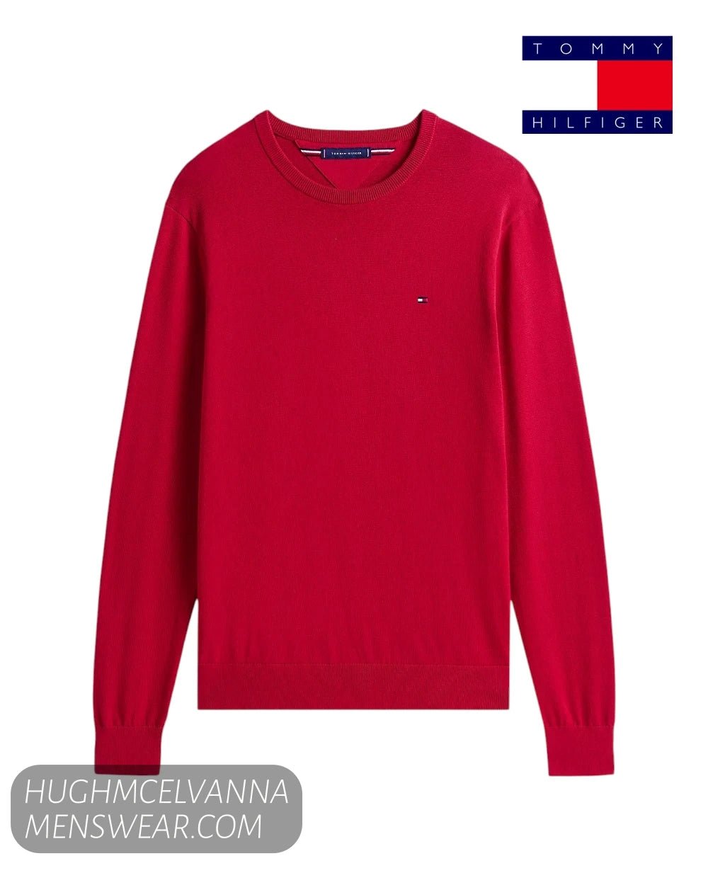 Flat lay studio display of Tommy Hilfiger MW0MW39999XLD red cotton crew neck jumper with embroidered chest flag