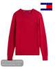 Flat lay studio display of Tommy Hilfiger MW0MW39999XLD red cotton crew neck jumper with embroidered chest flag