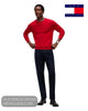 Full length model view wearing red Tommy Hilfiger crew neck sweater with navy trousers and black dress shoes