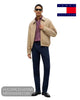 Full length studio model wearing Tommy Hilfiger burgundy patterned shirt with tan zipper jacket, dark blue jeans, and dark boots