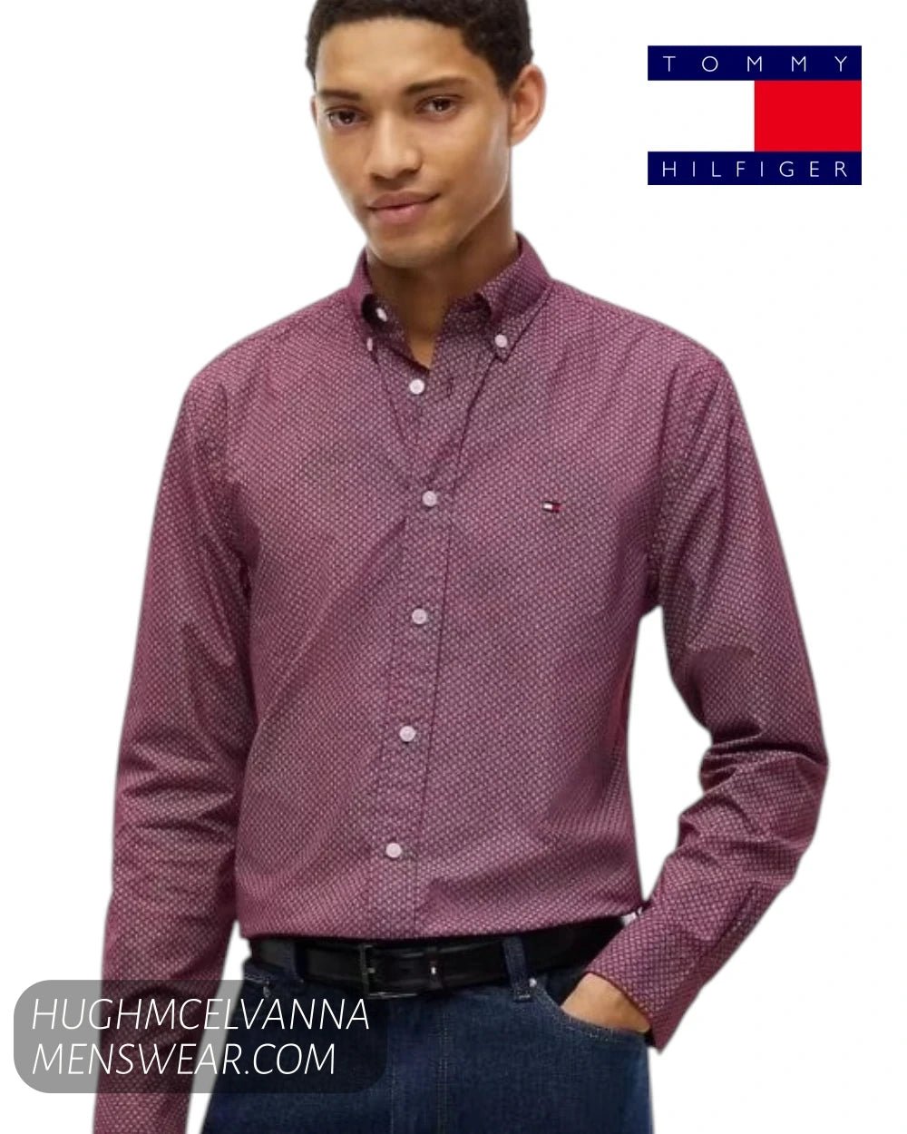 Close-up front view of male model wearing the Tommy Hilfiger MW0MW445800KP burgundy stretch shirt and black belt