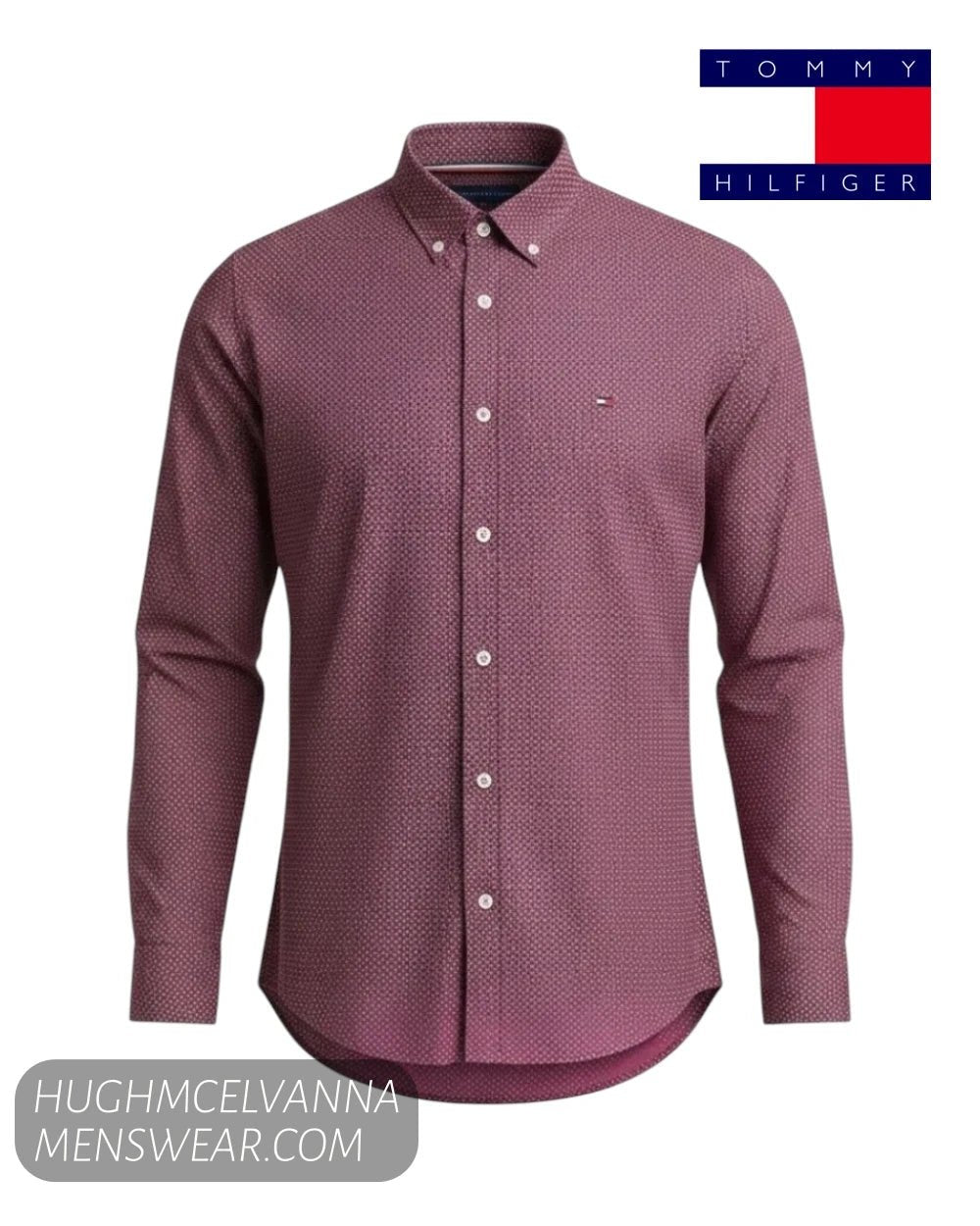 Studio ghost mannequin display of a Tommy Hilfiger burgundy and white geometric print button-down shirt on white background