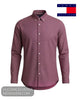 Studio ghost mannequin display of a Tommy Hilfiger burgundy and white geometric print button-down shirt on white background
