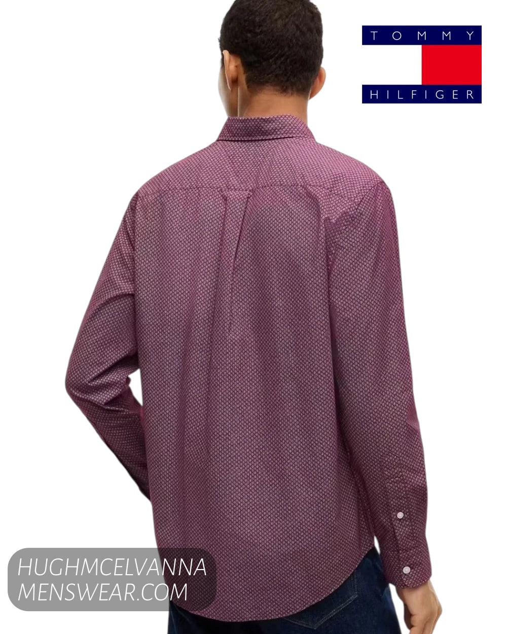 Rear view of male model wearing a Tommy Hilfiger burgundy and white micro-pattern long sleeve shirt with dark denim
