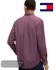 Rear view of male model wearing a Tommy Hilfiger burgundy and white micro-pattern long sleeve shirt with dark denim