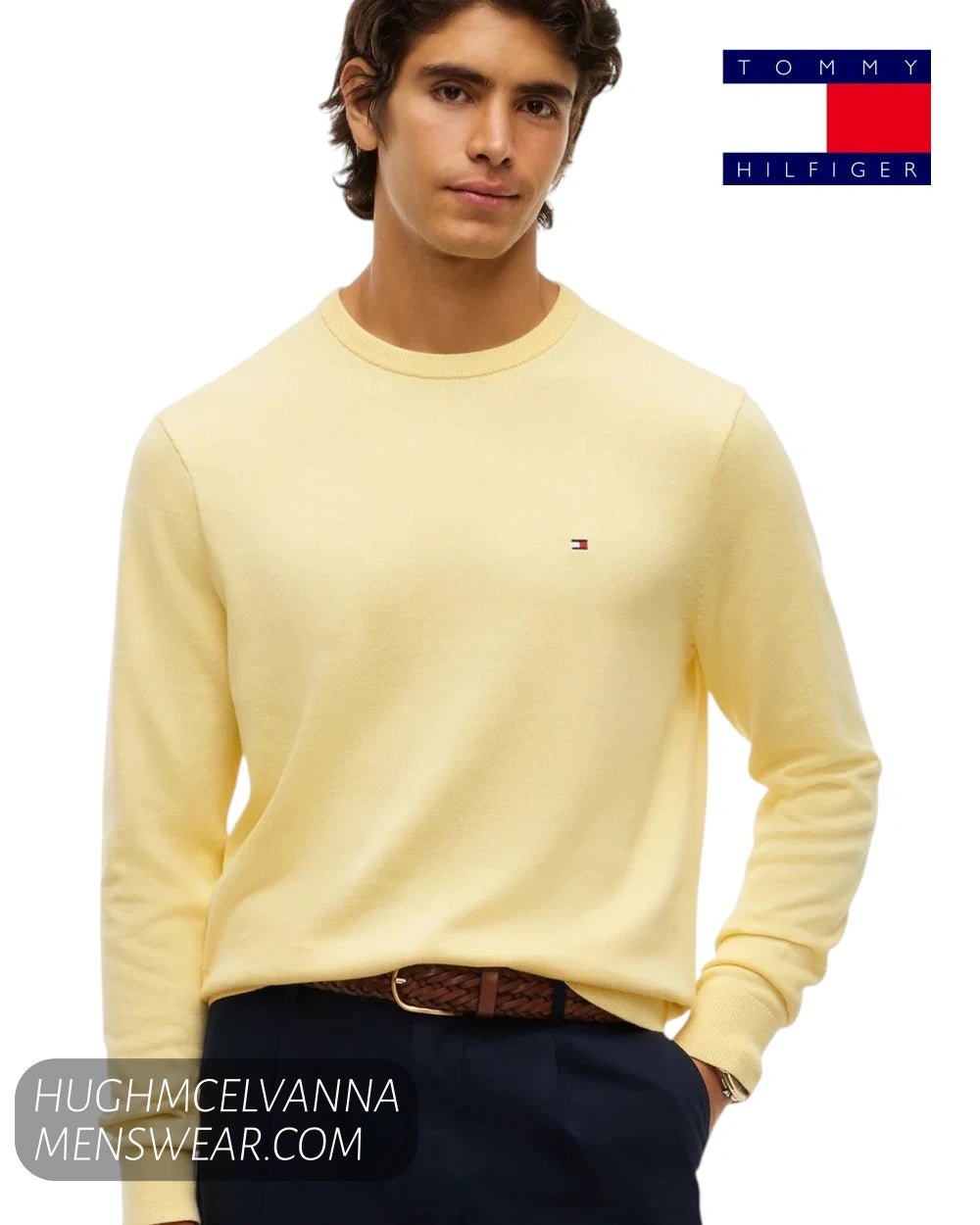 Front view of male model wearing Tommy Hilfiger Light Daffodil yellow crew neck jumper with chest flag logo