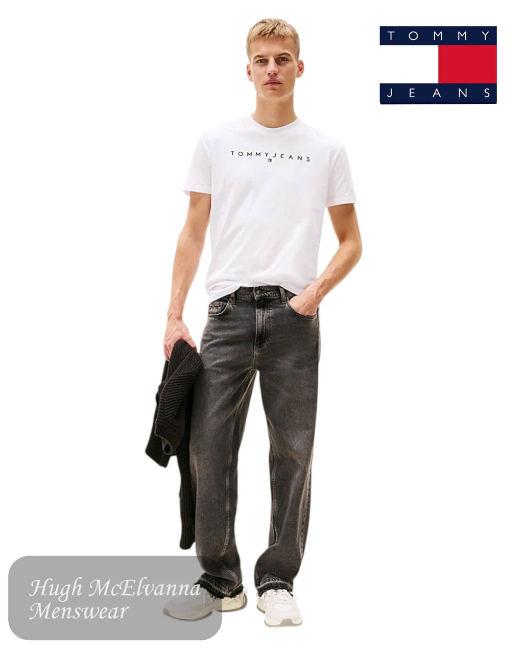 Tommy Jeans White Linear Logo T-Shirt full length - Hugh McElvanna Menswear