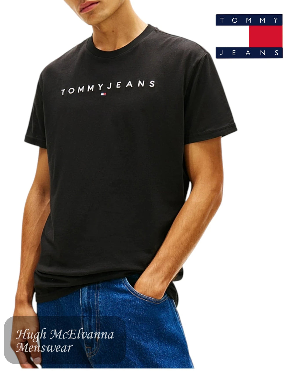 Tommy Jeans Black Linear Logo T-Shirt Close Up - Hugh McElvanna Menswear