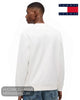 Rear view of male model wearing Tommy Jeans white crew neck sweatshirt showing back shoulder seam and ribbed hem