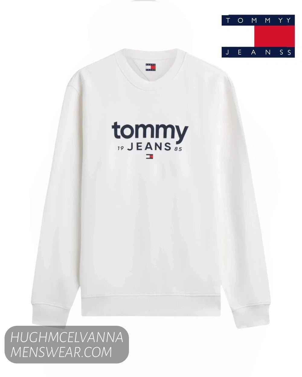 Studio flat lay display of Tommy Jeans DM0DM23392YBH ancient white graphic sweatshirt with chest branding