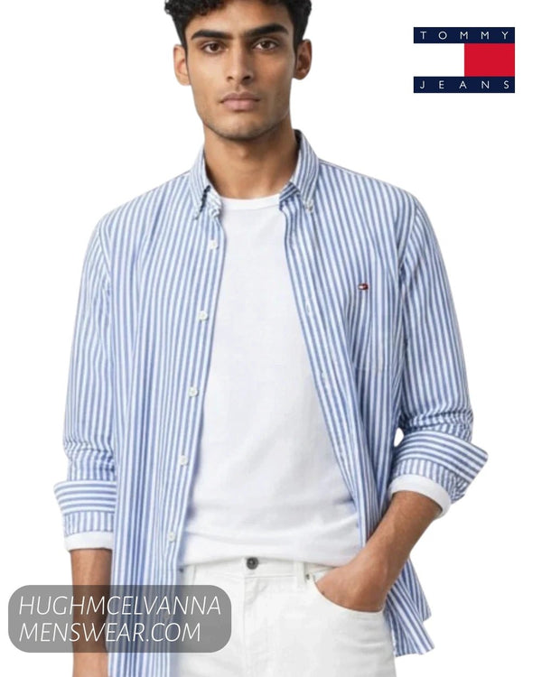 Tommy Jeans Blue and White Stripe Cotton Shirt – DM0DM23414C63 - Hugh McElvanna Menswear - Shirt