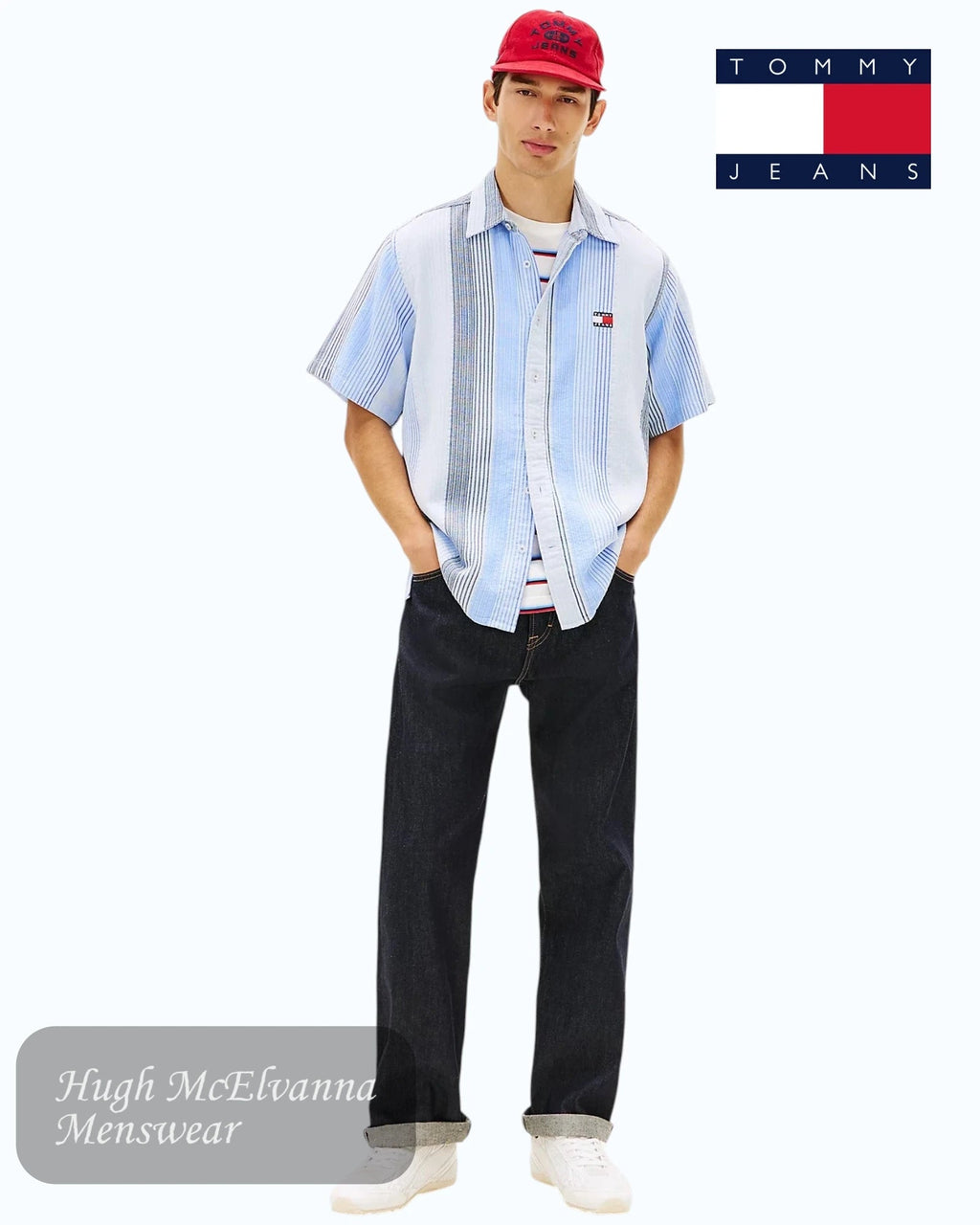 Tommy Jeans Blue Short Sleeve Stripe Shirt | DM0DM22789C3Q - Hugh McElvanna Menswear