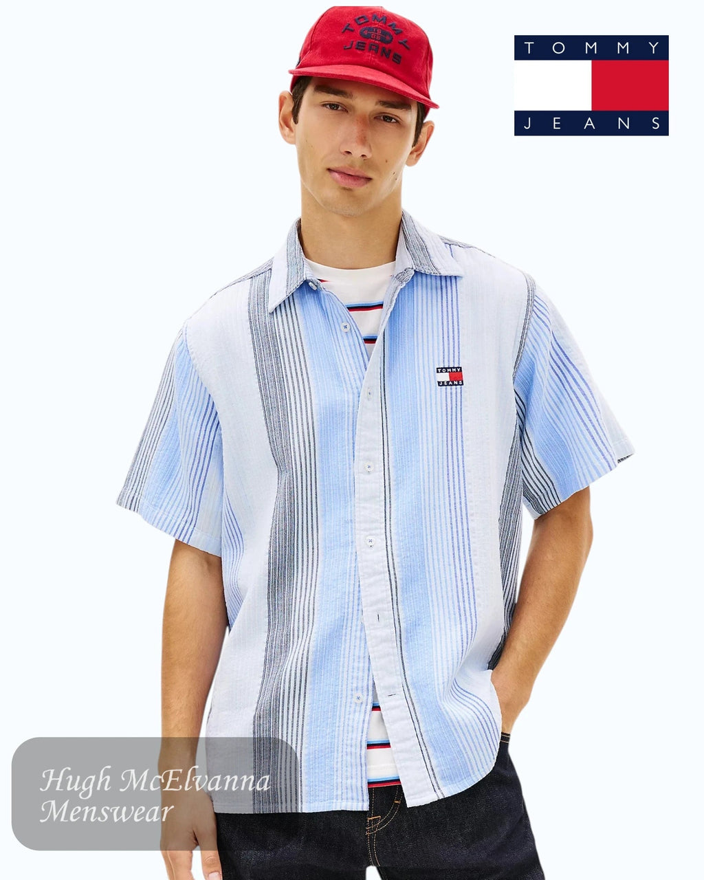 Tommy Jeans Blue Short Sleeve Stripe Shirt | DM0DM22789C3Q - Hugh McElvanna Menswear